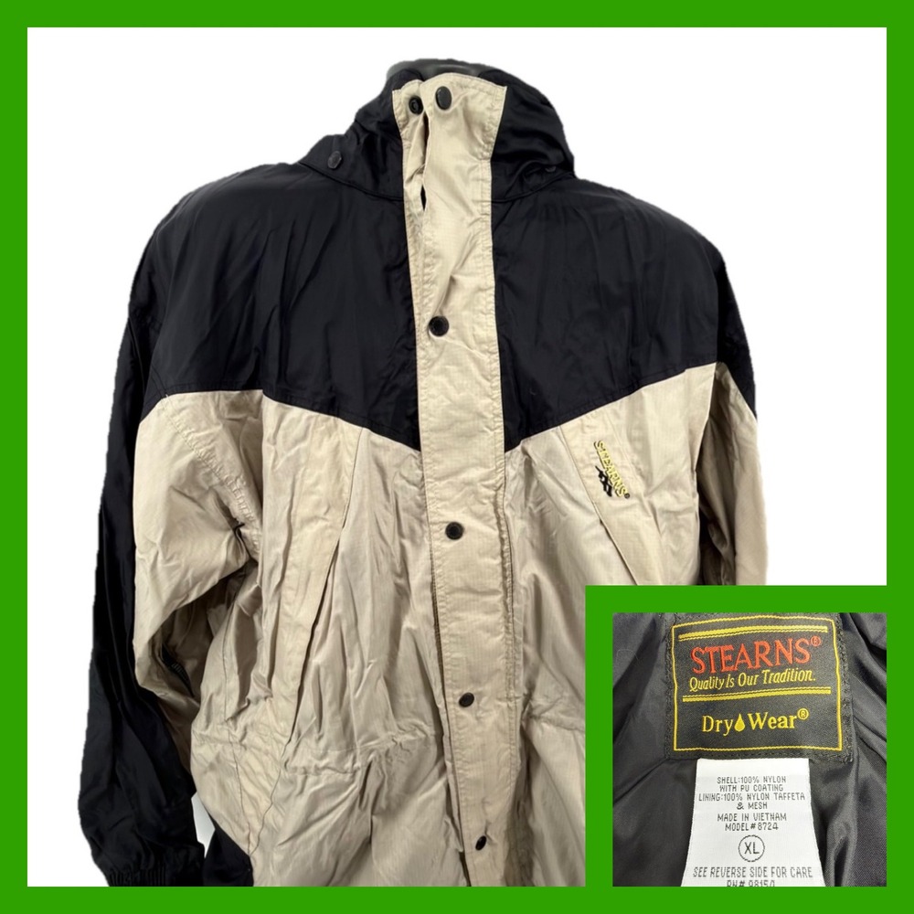 Stearns Dry Wear Jacket Men's XL Tan Black Fishing Rain Coat Hooded Model 8724